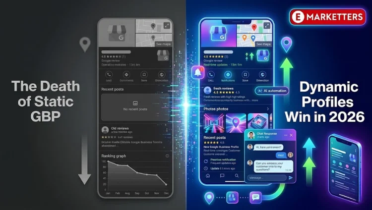 Static Google Business Profile vs dynamic profile 2026 showing low ratings on one side and high engagement with 5-star reviews on the other