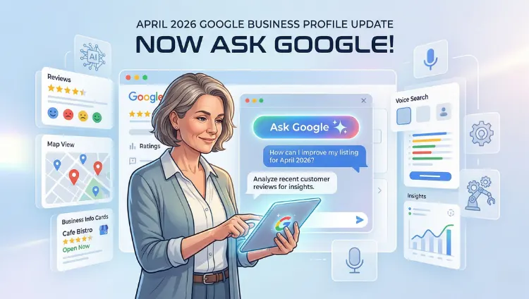 April 2026 Google Business Profile update showing “Ask Google” AI feature with business dashboard, reviews, maps, and insights interface
