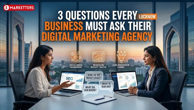 Business owner in Lucknow discussing digital marketing strategy with expert, showing SEO analytics and growth charts with “3 Questions Every Lucknow Business Must Ask Their Digital Marketing Agency” text