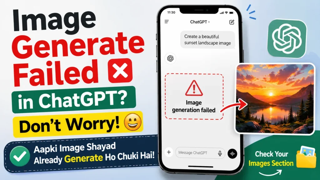 ChatGPT Image Generation Failed error guide showing how to recover AI-generated images by checking the Images section after an image generation error.