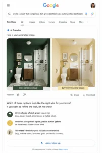 Google AI Overviews generating a side-by-side bathroom design comparison using AI image generation in the latest Google Search update.