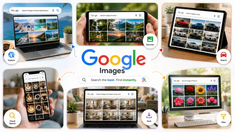 Google Images SEO tutorial thumbnail showing Google Image Search on laptop, mobile, tablet, and desktop with visual search examples and search bars.