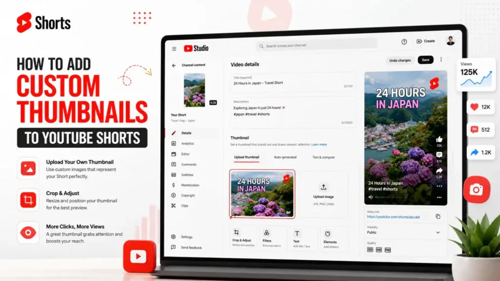 "Step-by-step guide showing how to add a custom thumbnail to YouTube Shorts using YouTube Studio, including thumbnail upload, crop and adjust options, and Shorts preview."