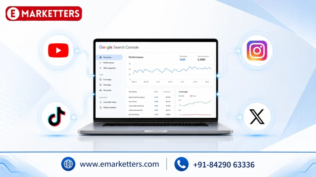 Google Search Console tracking Instagram, YouTube, TikTok, and X performance on a laptop dashboard with eMarketters branding, illustrating social media search analytics and SEO insights in 2026.