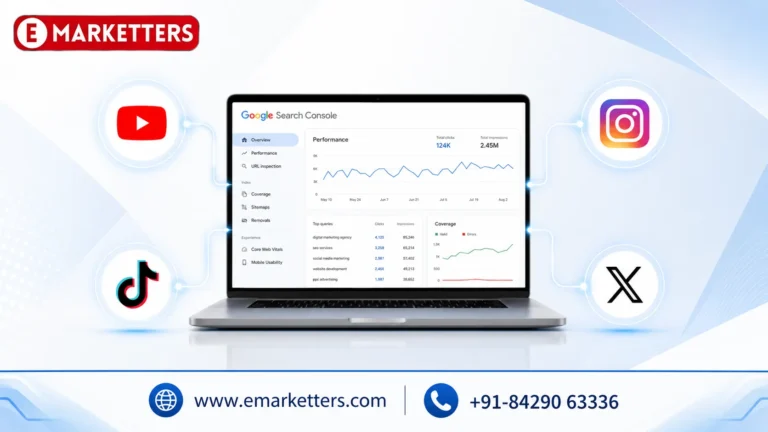 Google Search Console tracking Instagram, YouTube, TikTok, and X performance on a laptop dashboard with eMarketters branding, illustrating social media search analytics and SEO insights in 2026.